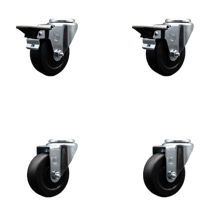 Service Caster 3.5'' Soft Rubber Wheel Swivel Bolt Hole Caster Set with 2 Posi Lock Brakes, 4PK SCC-BH20S3514-SRS-PLB-2-S-2